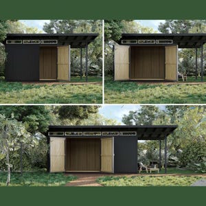 Plannen moderne schuur pdf - 8 x 12 10 x 12 8 x 20 - stapsgewijze doe-gids - 3D Sketchup-model - schuur met veranda (bouwtekeningen/blauwdrukken)