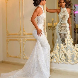Halter Neck Wedding Dress, Tassel Pearls Luxury Dress ,high Neck ...