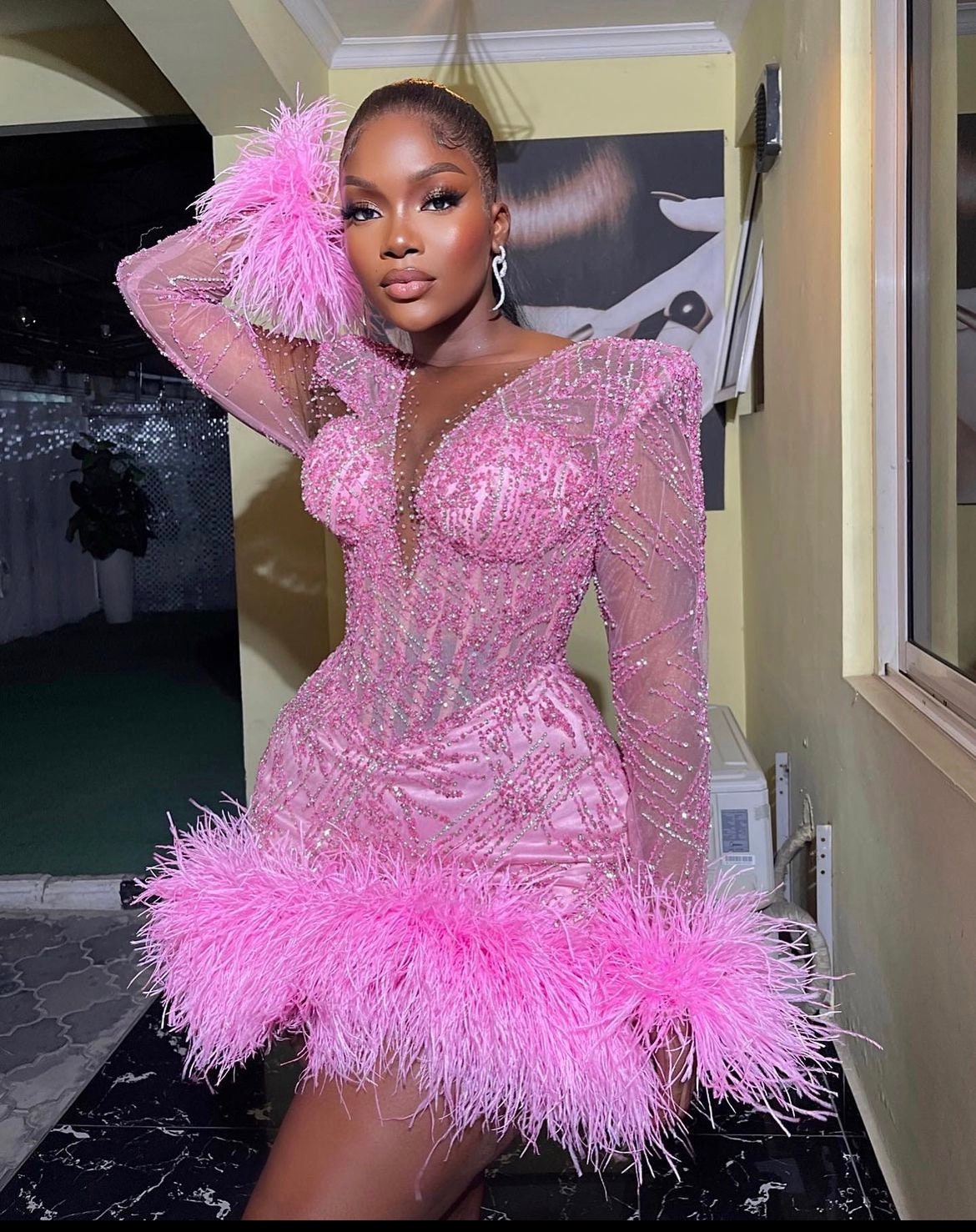 Pink Lace and Feathers Dress Mini Club Dress Sparkling Pink Lace