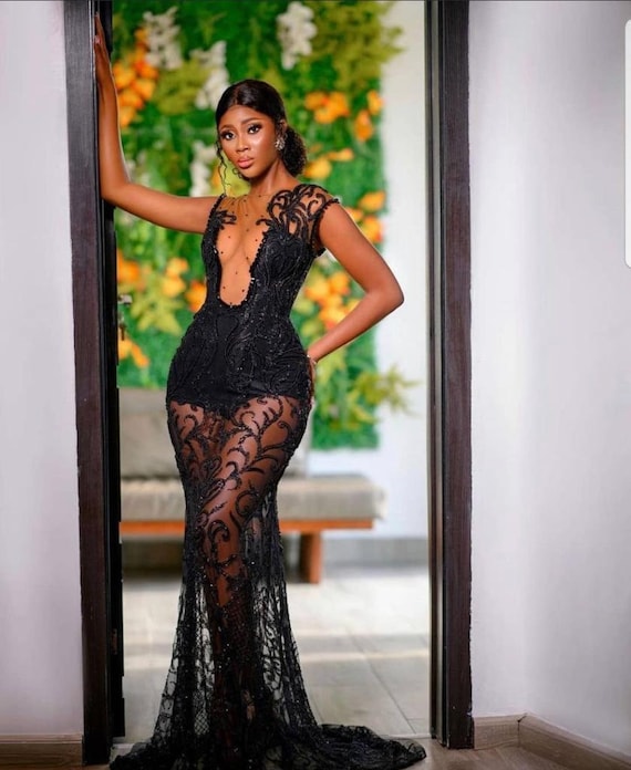 Black Lace Dress, Lace Gown, Nigerian Lace Gown, Prom Dress, Reception  Dress, Black Evening Lace Dress, Celebration Dress, Red Carpet Dress