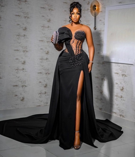 Elegant Black Evening Gown, Dinner Party Dress, Black Duchess and Skin Tone  Mesh, Bridal Dress With High Slit, -  Canada