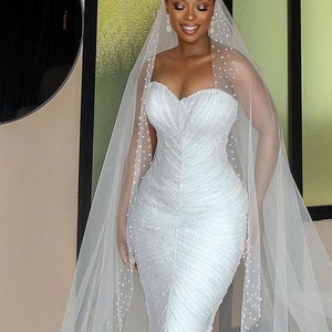 Luxury Beaded Mermaid Wedding Gown With Bridal Veil, Sleeveless Bridal ...