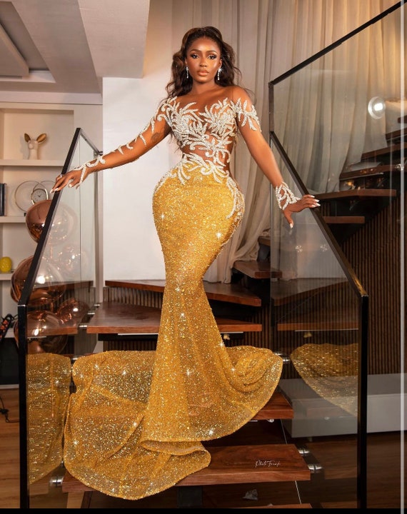 Gold Sequin Lace and Appliqué Dress, Elegant Prom Dress, Gold Evening  Dress, Wedding Reception Dress, African Lace Evening Gown, 