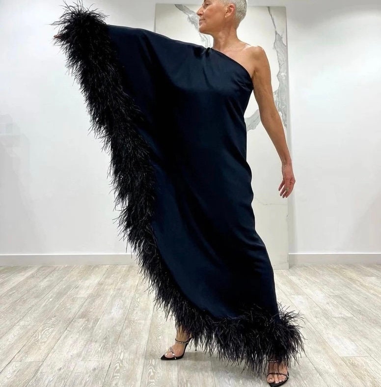 Black Satin with Black Ostrich Feather Caftan