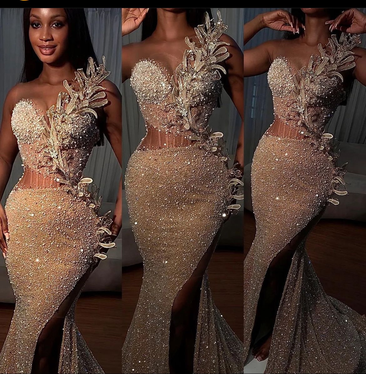 Champagne Gold Luxury Evening Gown, Winter Formal Prom Dress