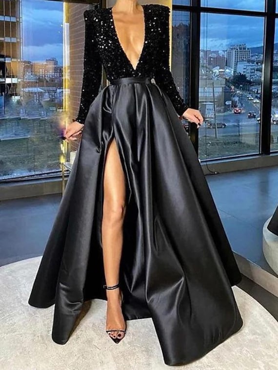 Elegant V Neck High Slit Black Long Prom Dress, V Neck Black