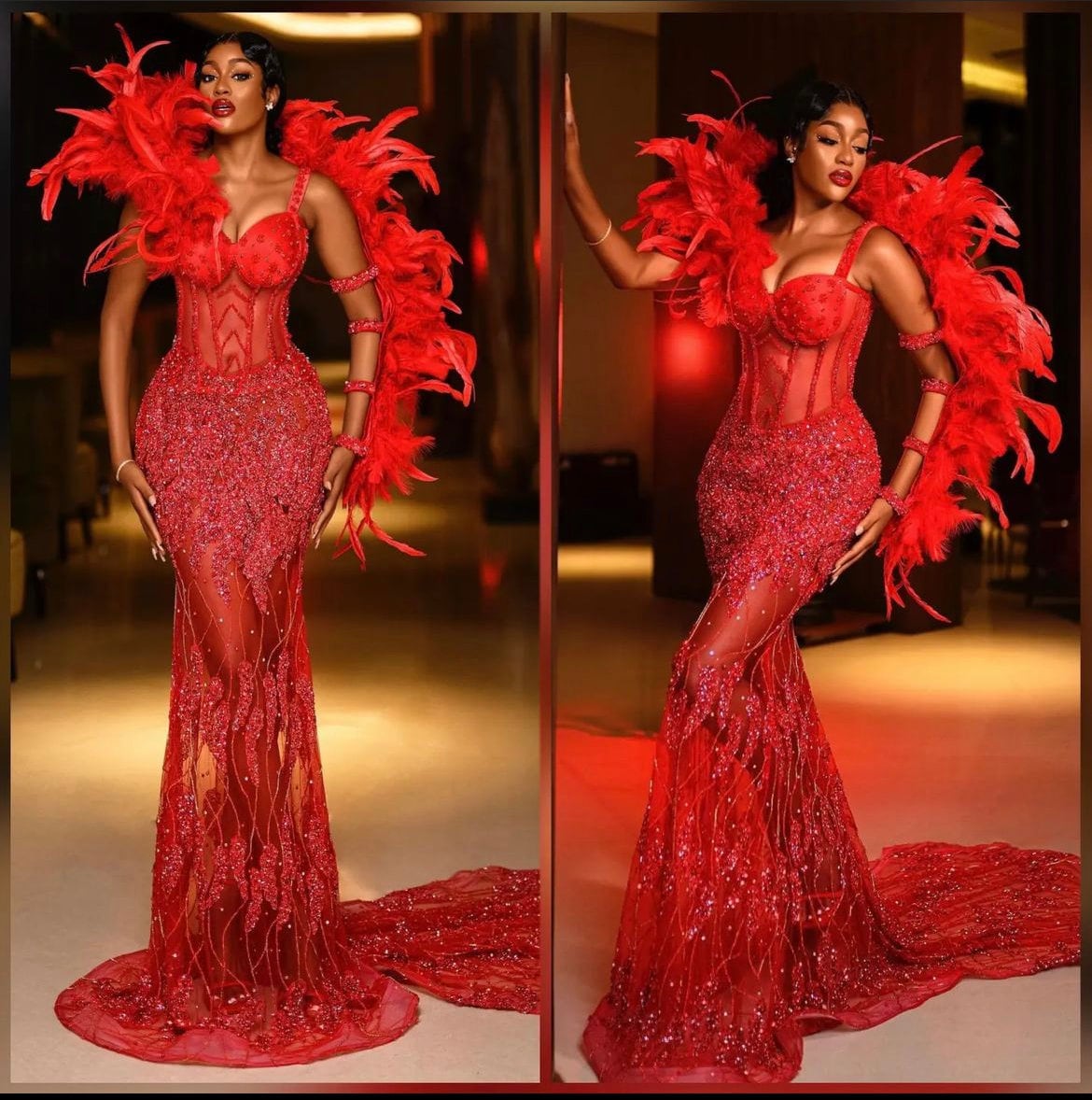 Red Lace Corset Prom Dress With Feathers, Corset Mermaid Dress