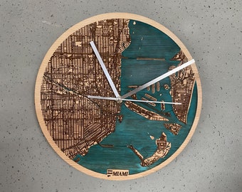 custom clock with any city Map -small 12 inch/30cm wooden wall clock with unique water blue glowing in the dark epoxy resin