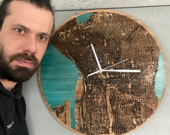 Full custom Map -Big wooden wall clock with unique water blue glowing in the dark epoxy resin I unique gift with any city