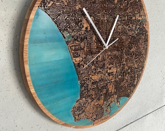 Los Angeles Big (20inch/50cm) wooden wall clock with unique water blue glowing in the dark epoxy resin I unique gift