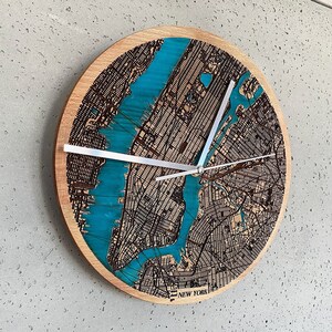 New York Wall Clock boho clock engraved filled with blue resin solid wood wall clock city map housewarming gift natural wood image 2