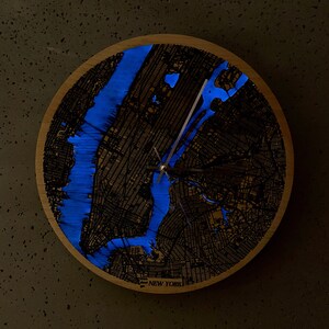 New York Wall Clock boho clock engraved filled with blue resin solid wood wall clock city map housewarming gift natural wood image 1