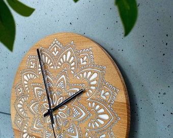 Mandala OLI Wall Clock | boho clock | engraved filled with white resin | solid wood wall clock | wedding gift | housewarming gift | wood