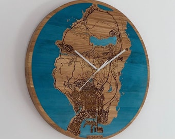 Los Santos Map -Big wooden wall clock with unique water blue glowing in the dark epoxy resin I unique gift