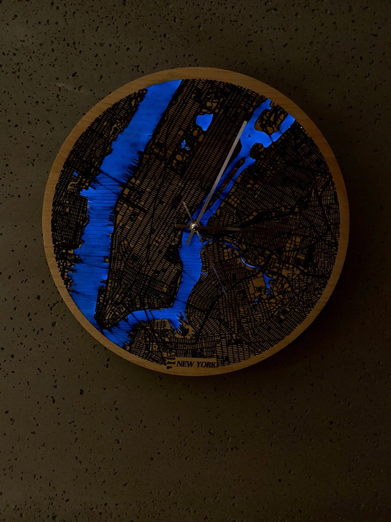 New York Wall Clock boho clock engraved filled with blue resin solid wood wall clock city map housewarming gift natural wood image 1