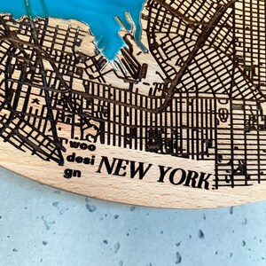 New York Wall Clock boho clock engraved filled with blue resin solid wood wall clock city map housewarming gift natural wood image 5