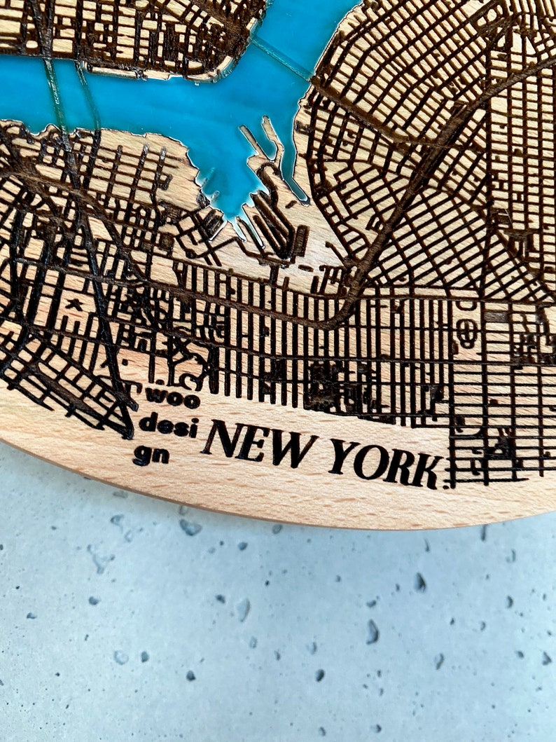 New York Wall Clock boho clock engraved filled with blue resin solid wood wall clock city map housewarming gift natural wood image 5