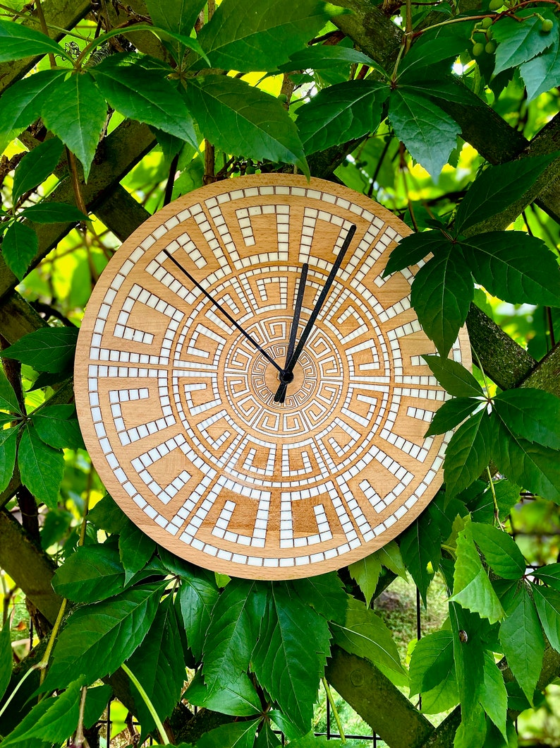 Labi Wall Clock boho clock engraved filled with white resin solid wood wall clock wedding gift housewarming gift natural wood image 2