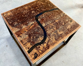 London Map Epoxy Resin Oak Coffee Table - 24x24" with Custom Metal Legs, Handcrafted Art Piece