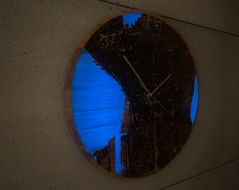 Seattle Big (20inch/50cm) wooden wall clock with unique water blue glowing in the dark epoxy resin I unique gift