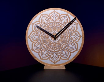 Mandala SUN 2 Wall Clock | silent | engraved filled with white resin | solid wood clock | wedding gift | housewarming gift | natural wood