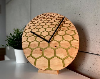 Honey comb green - glow in the dark - wall clock with resin, perfect gift, unique design, solid wood