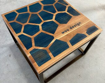 Blue Resin & Engraved Design Oak Coffee Table - 24x24" Handcrafted, Modern Statement Piece