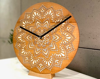 Horloge murale mandala bohème - horloge en bois silencieuse de 30 cm pour décoration d'intérieur, pièce d'horlogerie artistique personnalisable