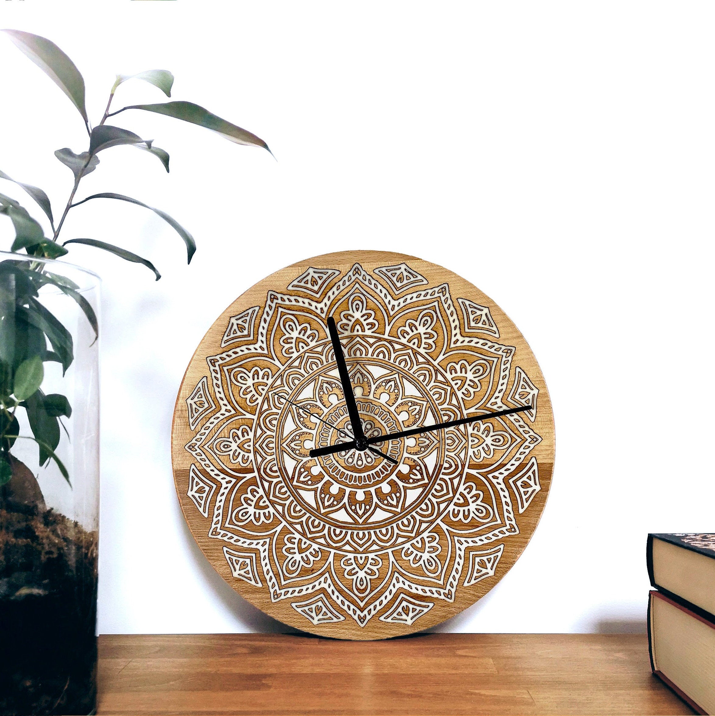 Mandala Wall Clock Boho Clock Engraved Filled With White Etsy