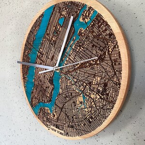 New York Wall Clock boho clock engraved filled with blue resin solid wood wall clock city map housewarming gift natural wood image 6