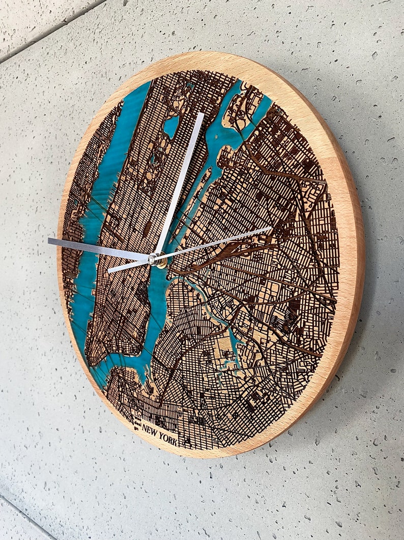 New York Wall Clock boho clock engraved filled with blue resin solid wood wall clock city map housewarming gift natural wood image 6