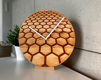 Honey comb pattern - wall clock with resin, perfect gift, unique design, solid wood