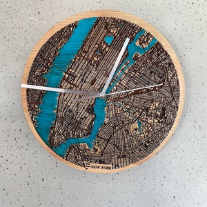 New York Wall Clock boho clock engraved filled with blue resin solid wood wall clock city map housewarming gift natural wood image 7