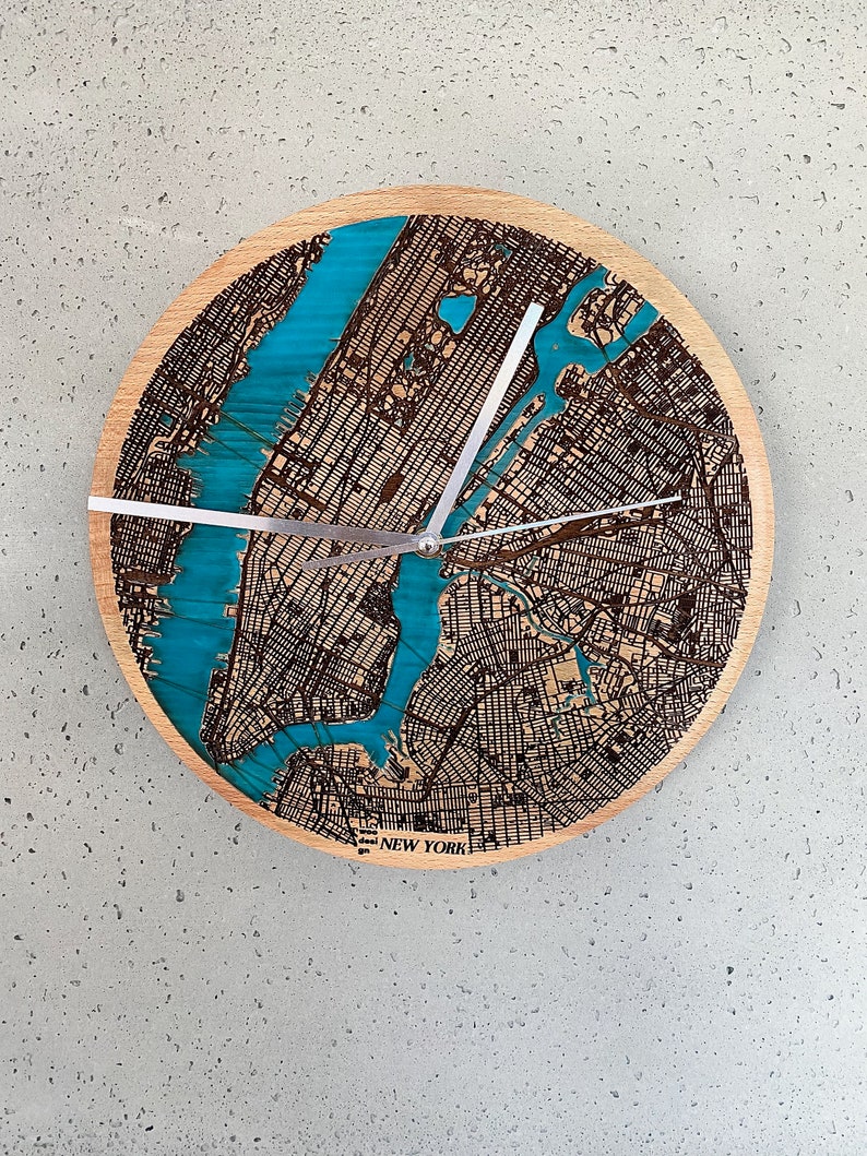 New York Wall Clock boho clock engraved filled with blue resin solid wood wall clock city map housewarming gift natural wood image 7