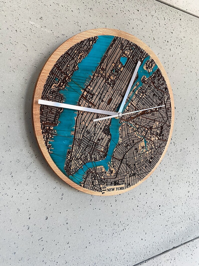 New York Wall Clock boho clock engraved filled with blue resin solid wood wall clock city map housewarming gift natural wood image 2