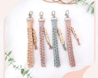 Porte-clés personnalisé en macramé | porte-clés pour femme, porte-clés prénom personnalisé, lanière de poignet pour clés, joli cadeau tante pour elle