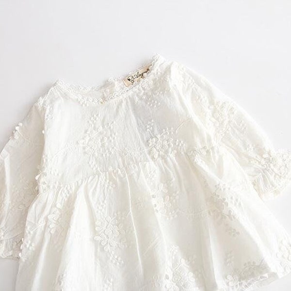 Baptism Special Occassion White Delicate Embroidered Simply Elegant Baby Girl Skirted Floral Lace Romper with Cinched Wrists
