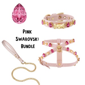 Pink Swarovski Dog Harness + Pink Swarovski Pet Collar + Pink Fancy Gold Chain Dog Leash Bundle + Designer Dog Walking set + Bling Collar