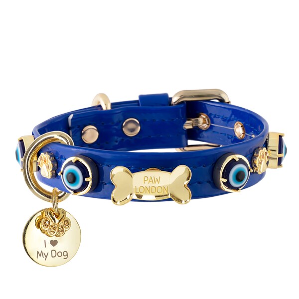 Evil Eye Hundehalsband, Royalblau Haustierhalsband mit Schutzanhänger, Hundehalsband mit Namensschild, personalisiert, handgemacht, Evil Eye, Evil Eye Dog