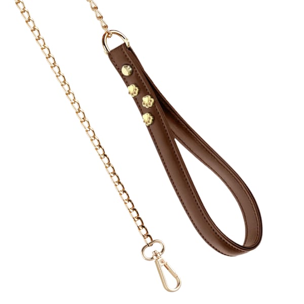 Gold Chain Dog Leash, Brown Vegan-friendly Leather Handle, Golden,Anti-bite Dog Leash, Handmade, Leather Dog Chain Lead With Leather Handle