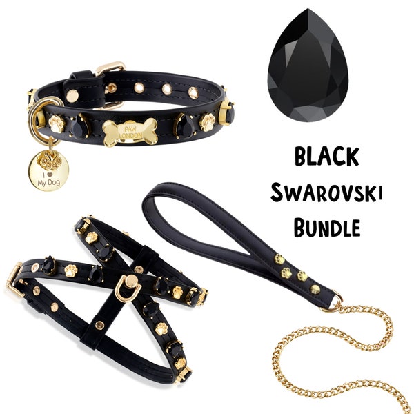 Black Swarovski Dog Harness + Black Swarovski Pet Collar + Black Fancy Gold Chain Dog Leash Bundle + Designer Dog Walking set + Bling Collar
