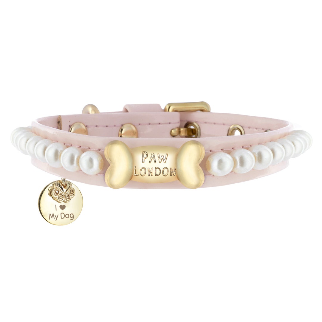 Pink Leather Dog Collars With Pearls, Dog Collars With Name Tag