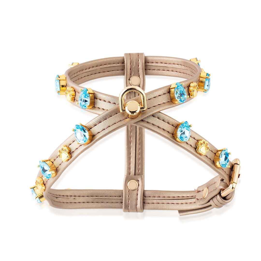 Dog Harness With Blue Swarovski Crystals Gold Vegan Leather Etsy