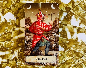 May include: Tarot card depicting The Fool, a jester in a red and white checkered costume, standing on a cliff with a staff and a dog. The card is surrounded by other tarot cards.