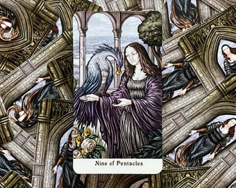 May include: A tarot card illustration depicting a woman in a purple dress standing in a stone archway with a blue bird. The card is titled "Nine of Pentacles".
