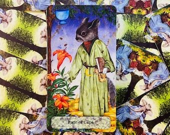 Op de afbeelding: Een tarotkaart met een eekhoornachtige figuur in een groene jurk, met een boek en een luit, naast oranje lelies. De kaart is getiteld "Page of Cups" en is omringd door andere tarotkaarten.