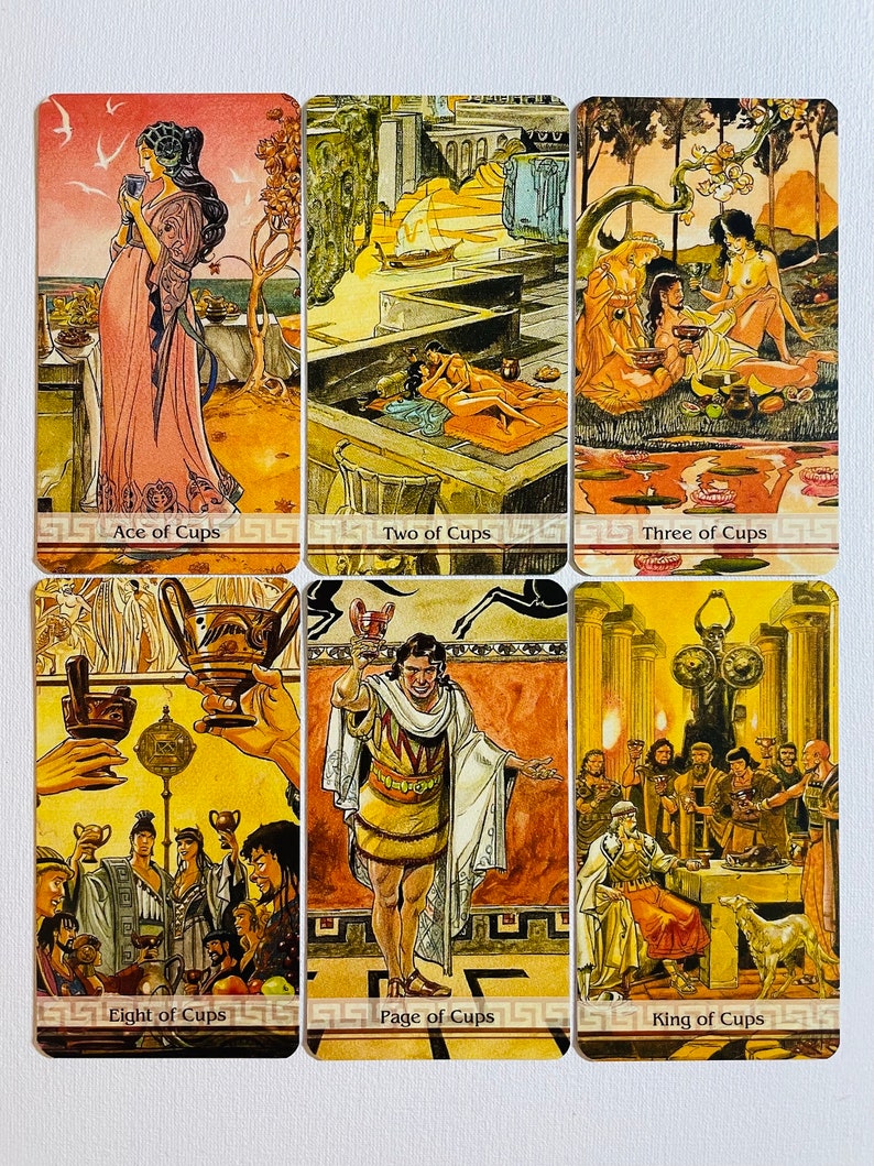 May include: A set of ten tarot cards depicting scenes from a Greek mythology themed deck. The cards are arranged in two rows of five. The cards are all in the suit of cups and include the Ace, Two, Three, Eight, Page, and King of Cups.