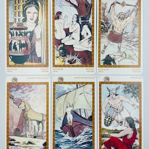 May include: Tarot card deck featuring illustrations of the Pentacles suit. The cards depict scenes from ancient Greek mythology, including a woman holding a vase, two women under a tree, a man holding a sword, a knight riding a horse, a queen on a ship, and a man flying with a lyre.