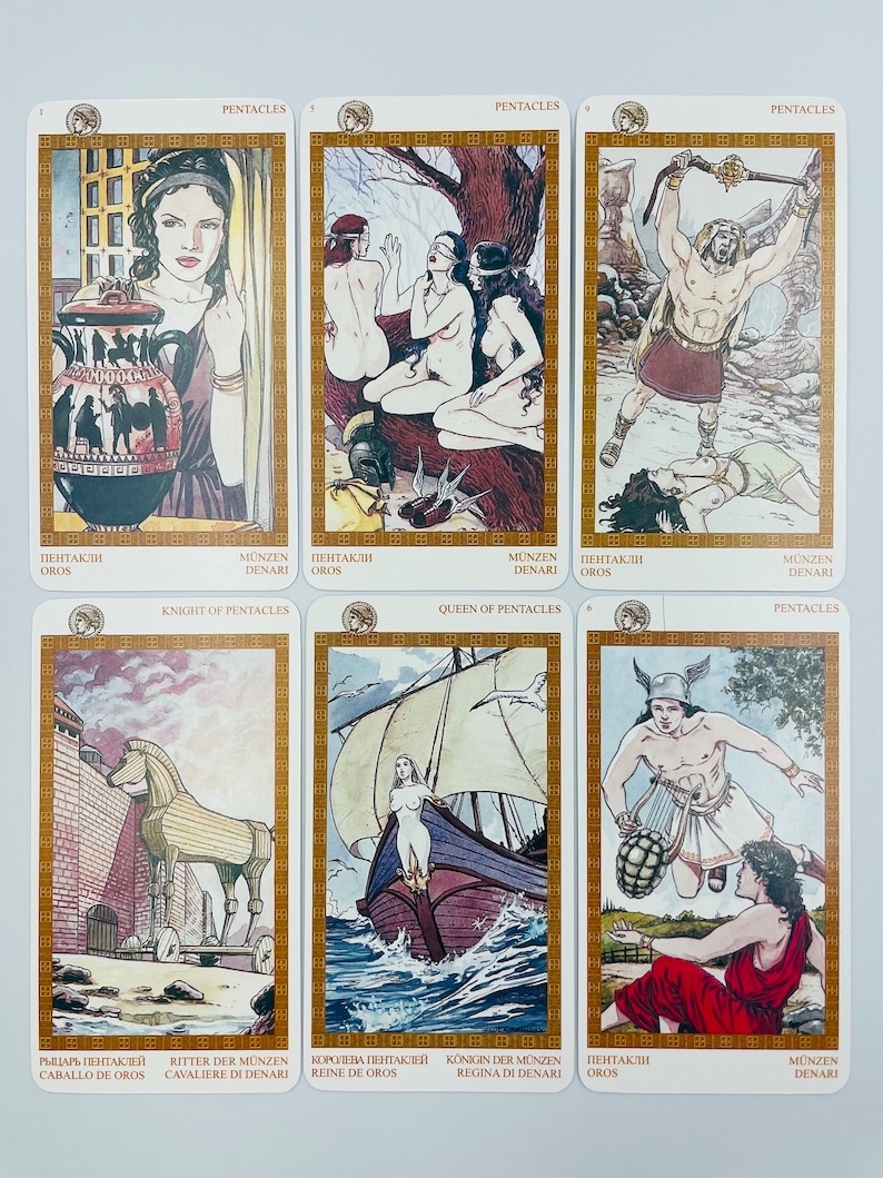 May include: Tarot card deck featuring illustrations of the Pentacles suit. The cards depict scenes from ancient Greek mythology, including a woman holding a vase, two women under a tree, a man holding a sword, a knight riding a horse, a queen on a ship, and a man flying with a lyre.