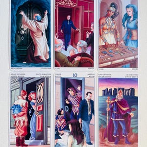 May include: Tarot card deck featuring the suit of wands. The cards are illustrated with colorful images of people and scenes. The cards are numbered 1 through 10, and include the Ace, Knave, and King of Wands.